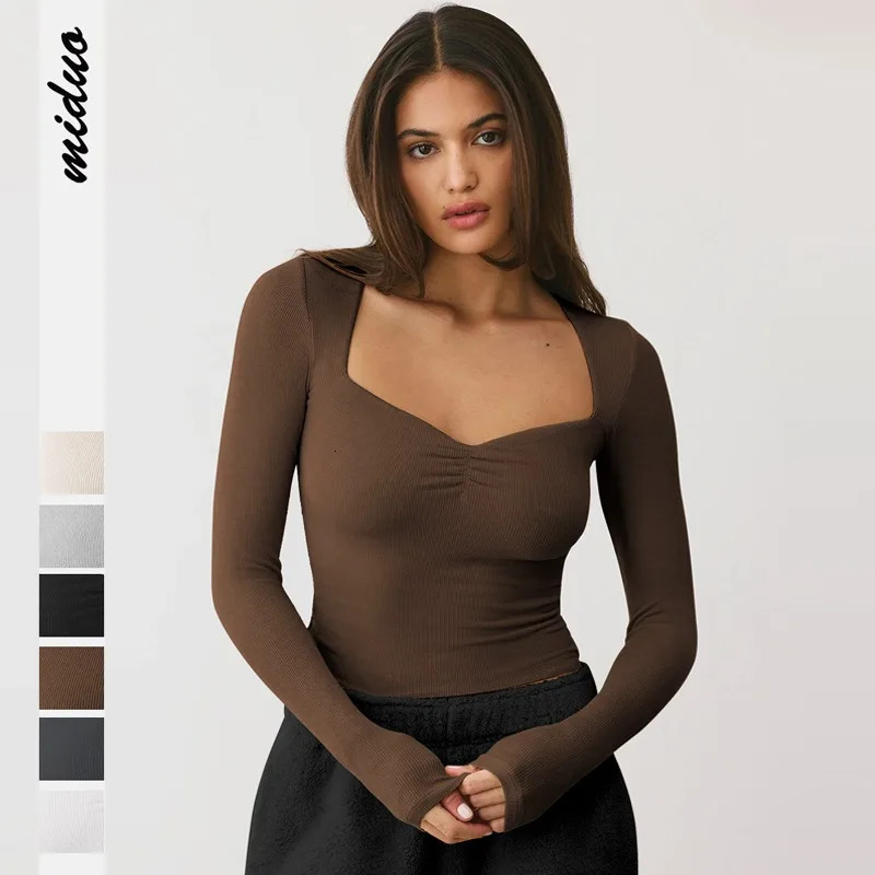 Fall Winter Fashion Womens Long-Sleeve T-Shirt Slim-Fit Square Neckline Sexy Tops Y2k Woman Clothing 260728