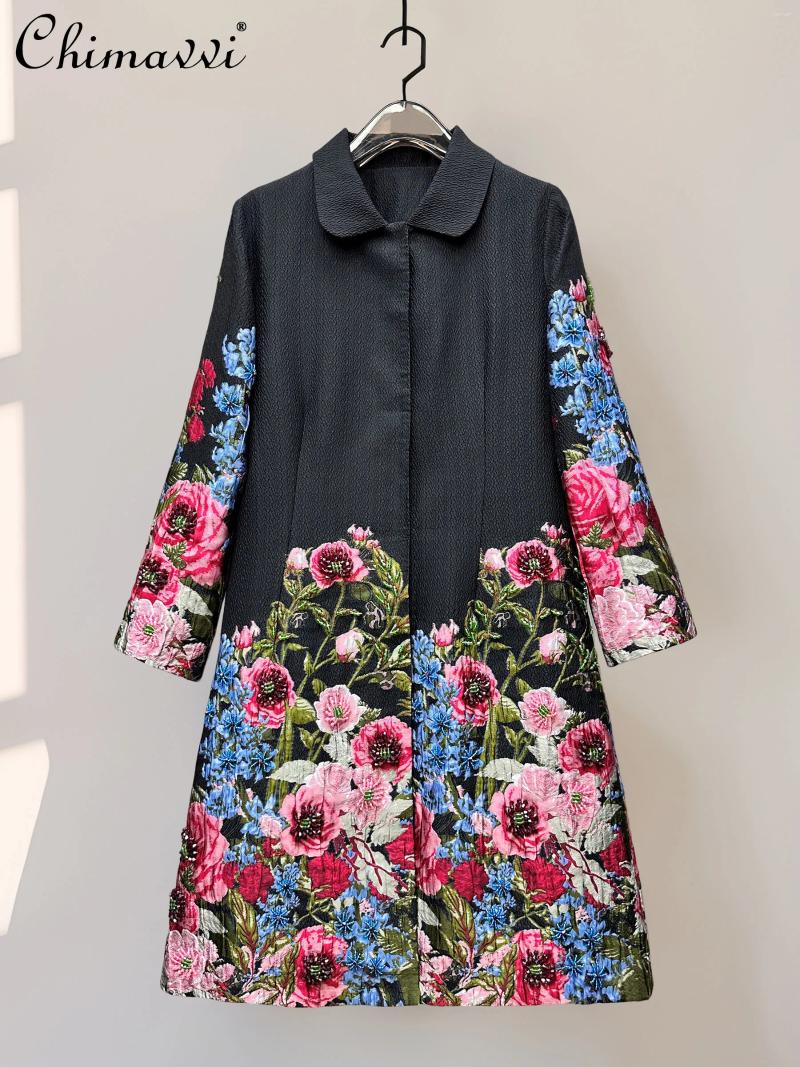 Women's Trench Coats French Elegant Retro High end Long Jackets Coat Beaded Embroidery Straight Versatile Temperament Overcoat Women Autumn d2