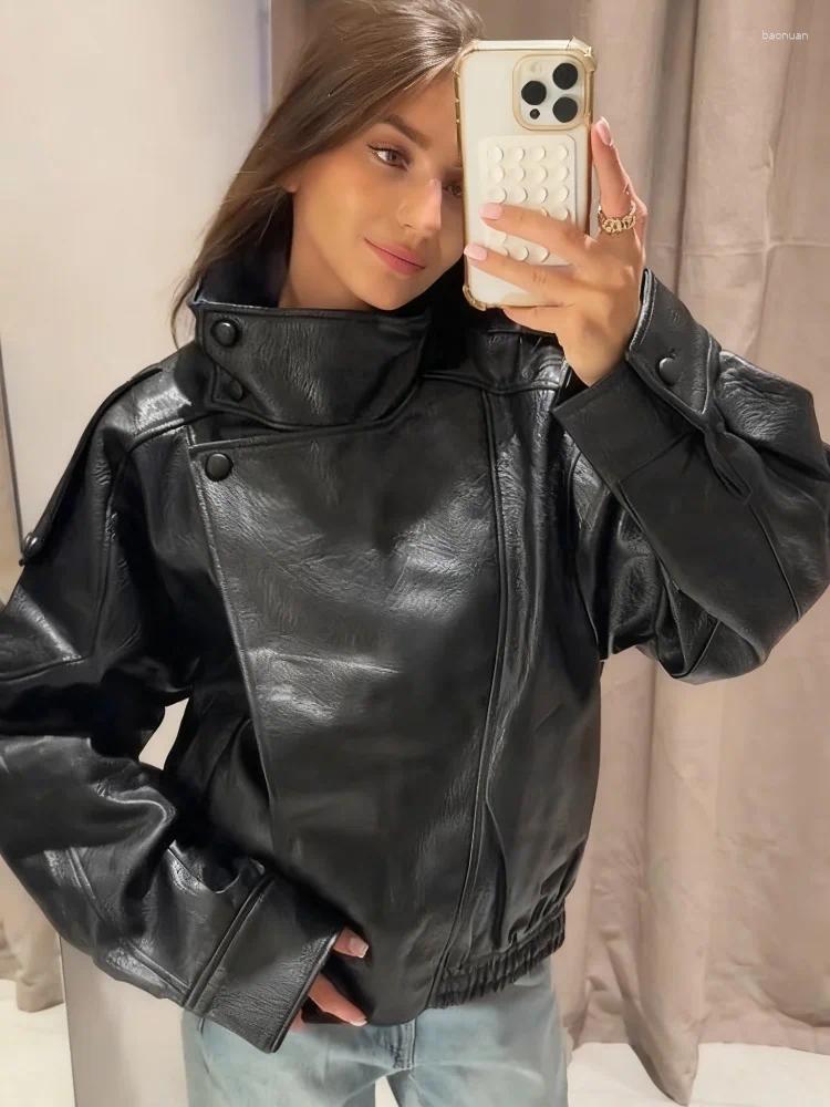 Women's Wool Chic Stand Collar Leather Jacket For Women 2026 Spring Autumn Pockets Motorcycle Street Y2K Lady Bike Bomber Outerwear 8d
