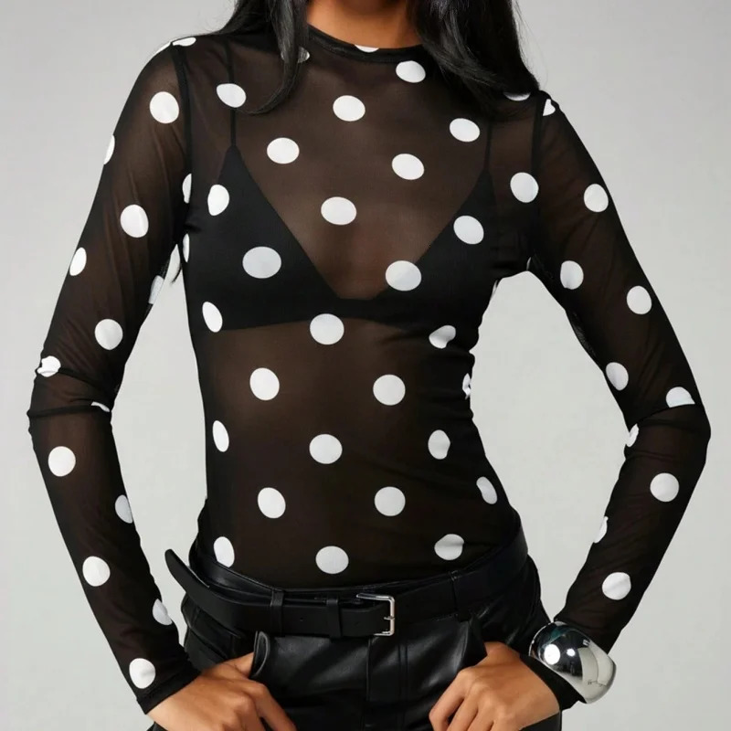 Women Y2k Polka Dot Print Sheer Mesh Top Long Sleeve See Through Shirt Sexy Slim Fit Lace Crop Top Tee 260728