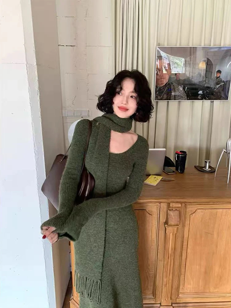 Vintage Knitted Midi Dress Y2K Autumn Slim with Scarf Long Sleeve Dress Female Korean Streetwear Chic All Match Female Vestidos 260728BJ