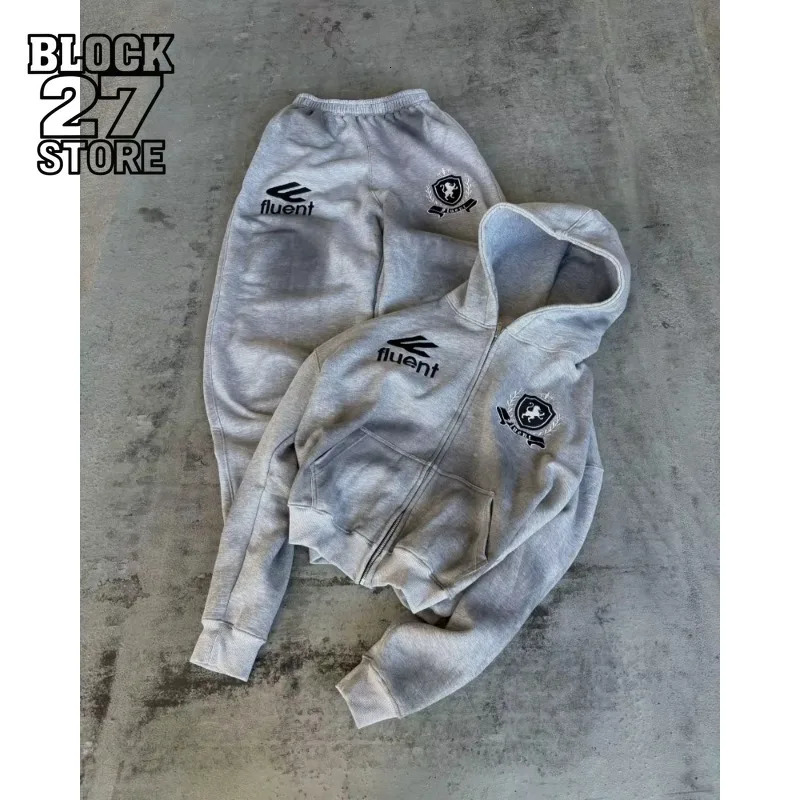 Y2K Harajuku American Retro Fashion Men Sportswear Alphabet Embroidery Zipper Hoodie Street Gothic Loose Fit Couple Casual Pants 260727BJ