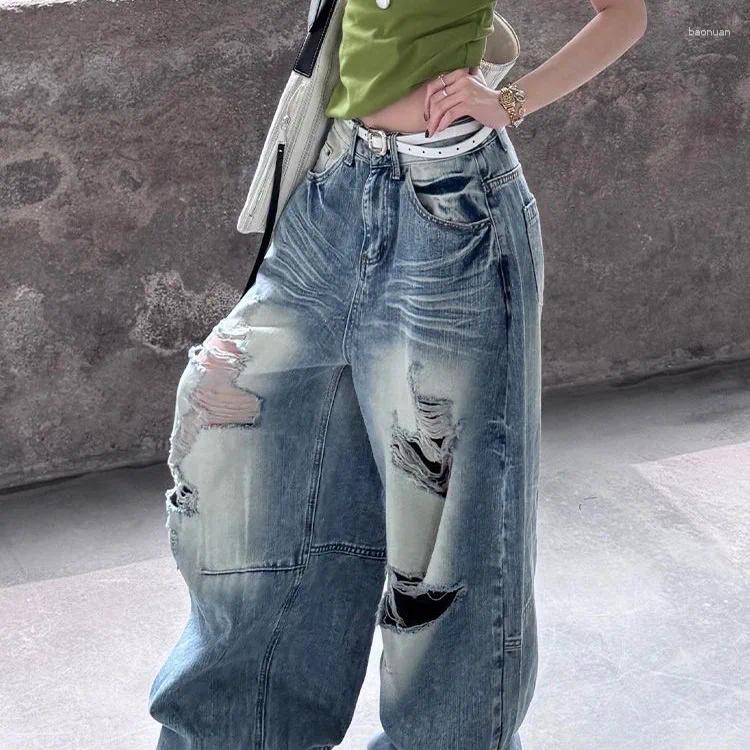 Jeans da donna ONE TO WAN Vita alta strappato blu americano vintage streetwear Y2K gamba larga Jean anni 2000 pantaloni larghi in denim 09