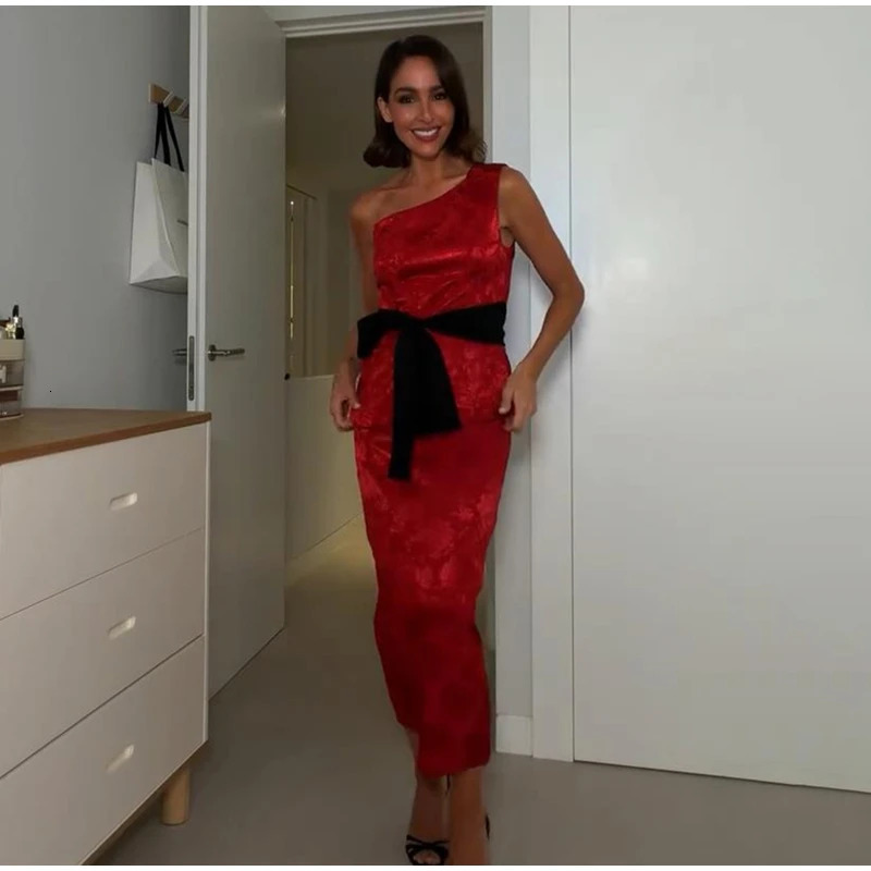 One Shoulder Asymmetric Floral Jacquard Women Top Midi Skirt Two Piece Set Detachable Black Bow Waist Belt Elegant Dinner Wear 260728BJ