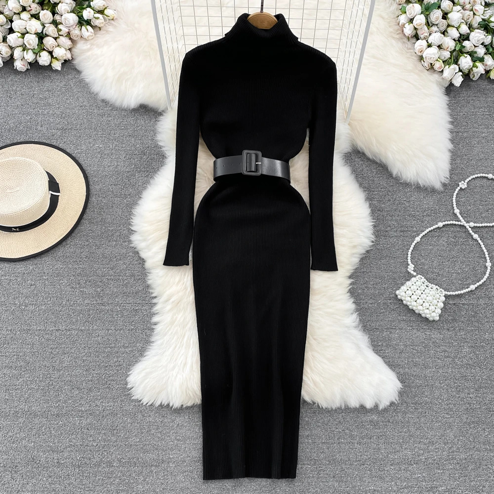EFT Autumn Winter Turtleneck Womens Knitted Dresses with Belted Long Sleeve Elegant Bodycon Wrap Dress Female 260728BJ