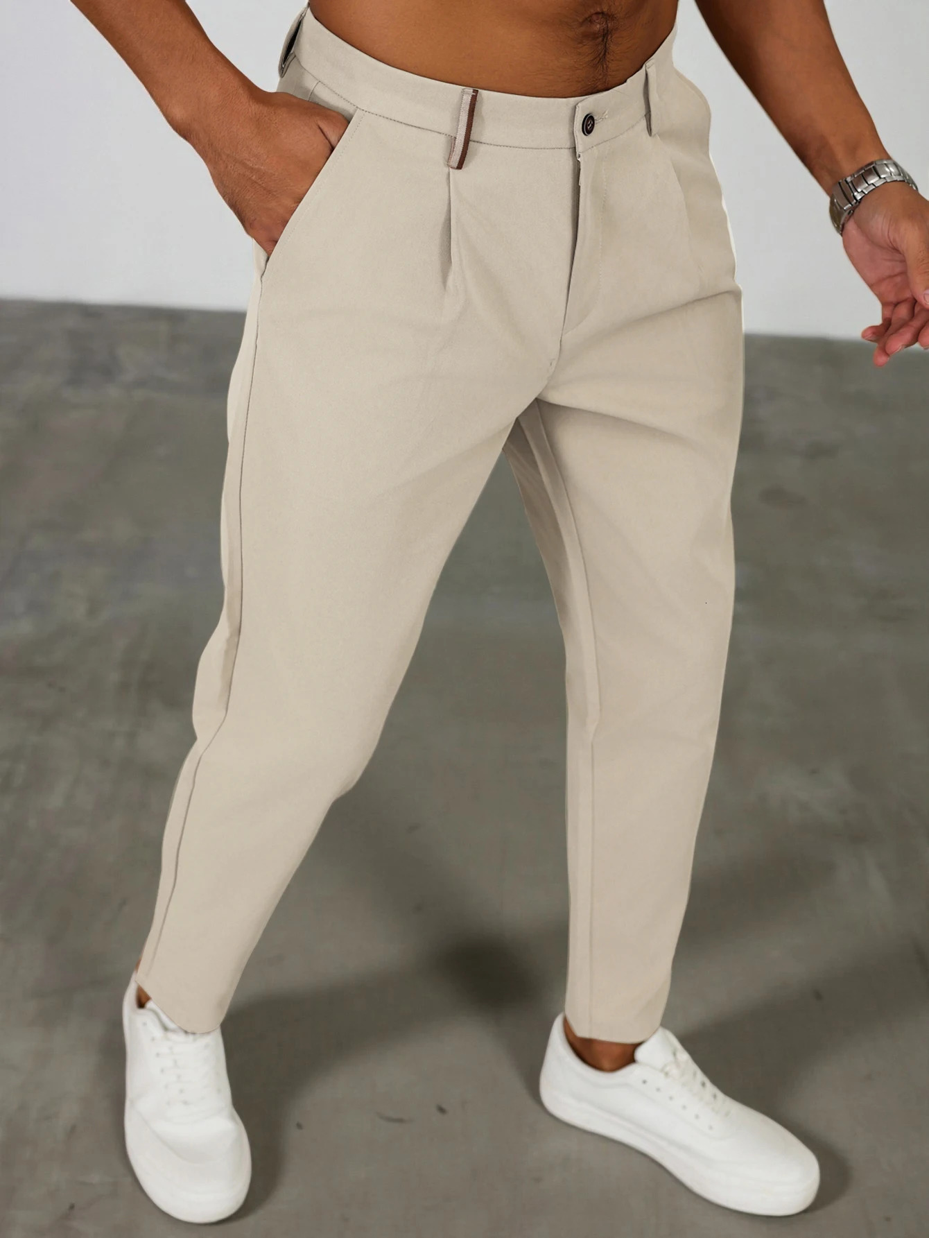 Mens Tapered Pleated Dress Pants Stretch Polyester Elastane Regular Fit Business Casual Black Beige Long Trousers 260726banjia