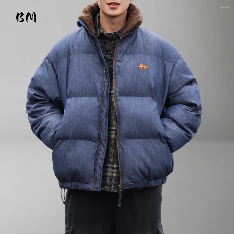 Men's Down Mens Womens Winter American Vintage Padded Jacket Maroon Brown Embroidered Stand Collar Heavyweight Warm Casual Trendy Coat 87
