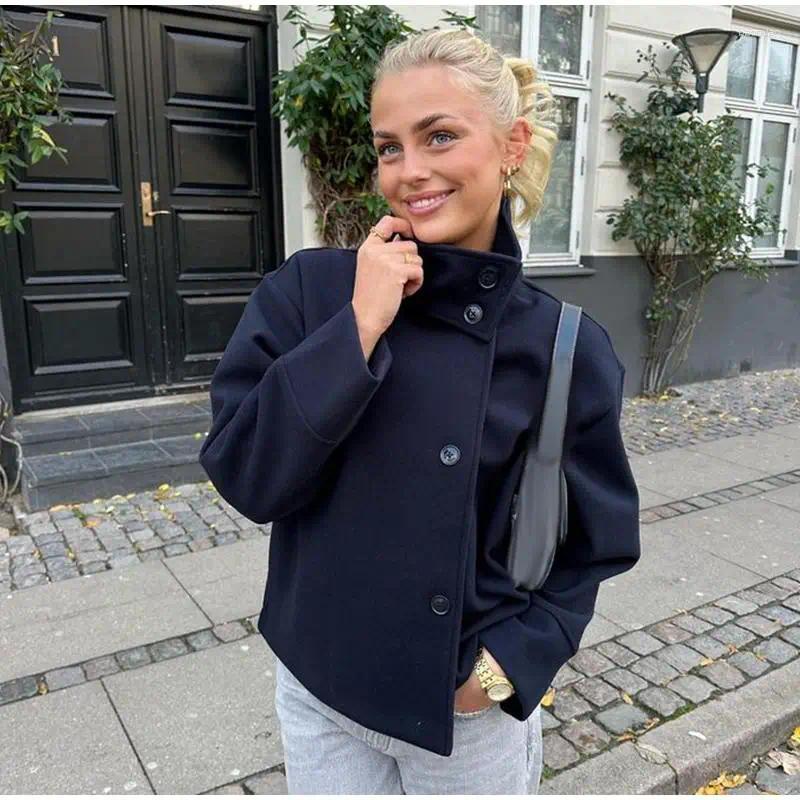 Women's Wool Women Elegant Coat Stand Collar Single Breasted Loose Jacket High Quality Casual Vintage Outerwear Ladies Fashion Trench b3
