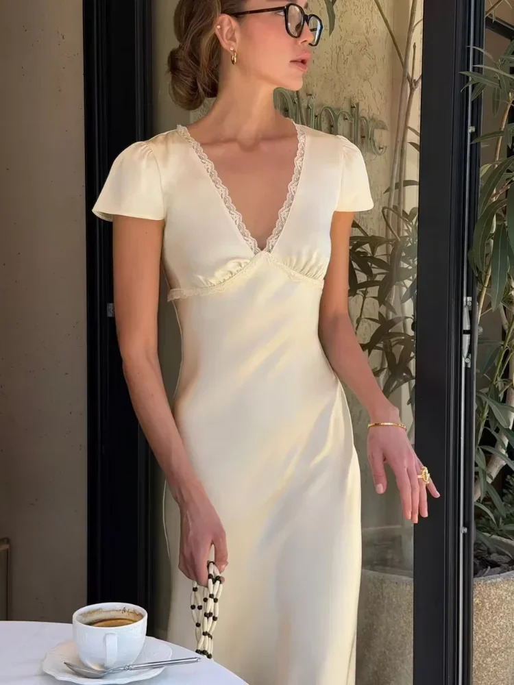 Women Elegant Satin Lace Trim Midi Dress Solid Patchwork Short Sleeve Vneck Summer Dresses 2026 Holiday Robes 260729BJ