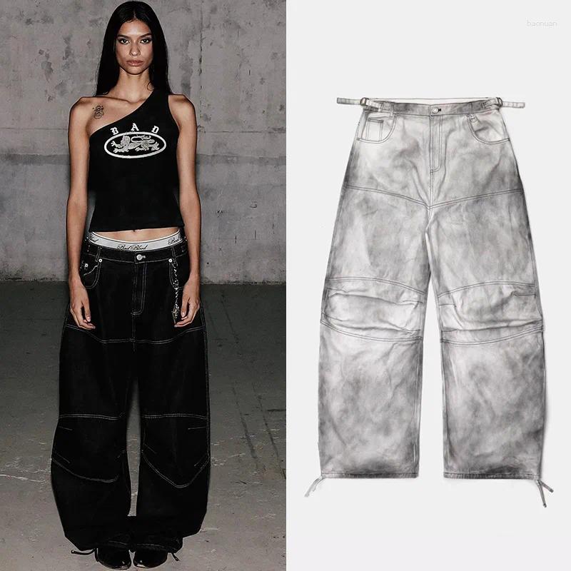 Jeans da donna stile americano Vintage Tie dye Ragazza in difficoltà Pantaloni larghi da pavimento larghi Pantaloni a gamba larga curvi 5a