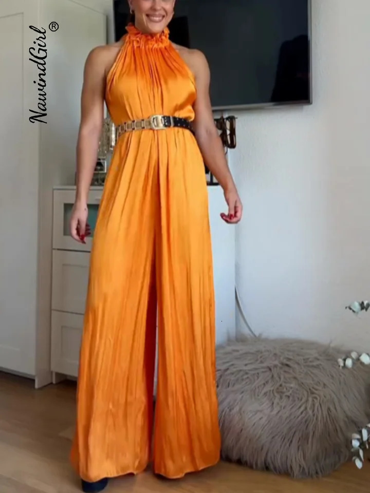 Elegant Satin Womens Jumpsuits Sleeveless Pleated O-Neck Solid Wide Leg Jumpsuit 2026 Summer Autumn Chic Female Streetwear 260727BJ