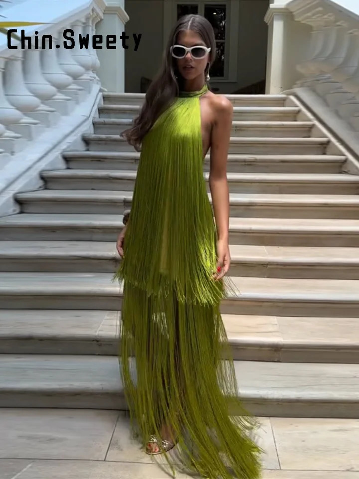 Fashion Womens Tassel Halter Green Dress Backless Sleeveless Straight Long Dresses Lady Summer Casual Vacation Robes 2026 260727BJ