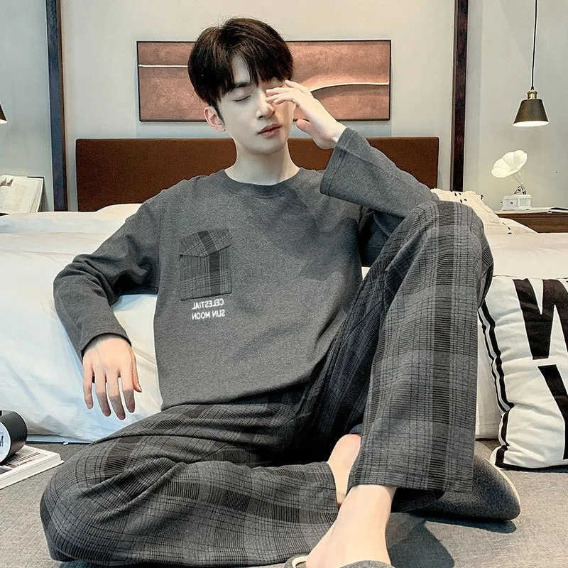 Size Plus Men Pajamas Set Spring and Fall Plaid Solid Color dent Slpwear Homewear Pants Nightwear Loungewear 260327 S260924RD3M