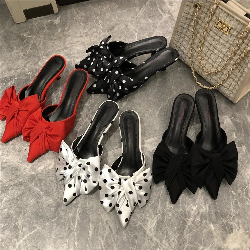 Spring Slippers Womens Korean-Style Pointed Polka Dot Bow Stiletto Mid-Heel Low Heel Slippers Polka Dot Half Slippers 260729BJ