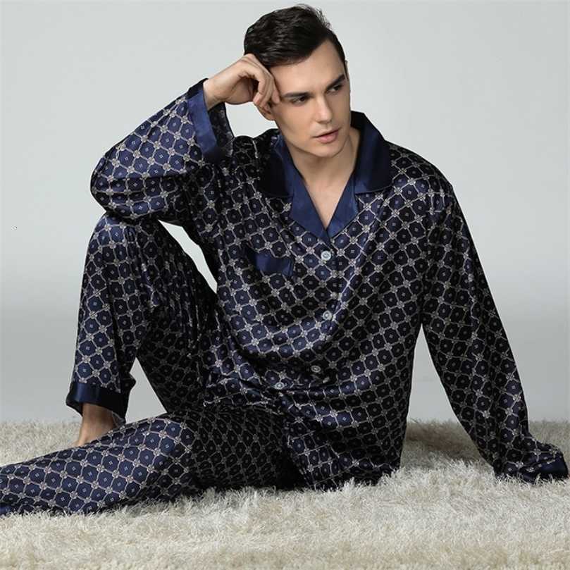 SIZE PLUS Mens Pajamas 2PCS Slpwear Set Spring Autumn Long Slve Trouser Pijamas Suit Loose Print Silk Satin Lounge Wear250904 S260924VETW