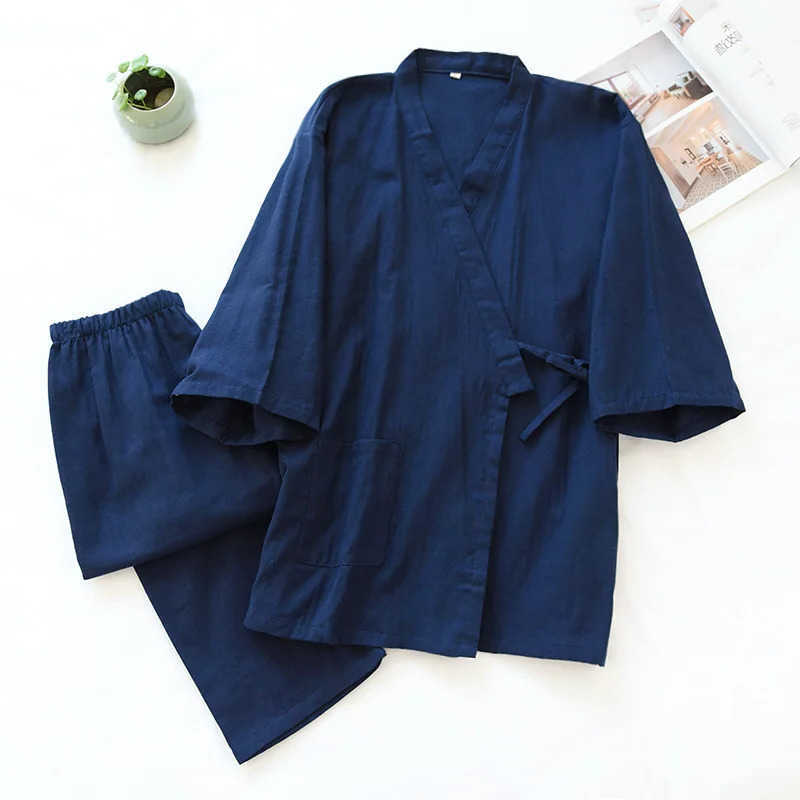 And 2026Spring Summer Kimono Mens Pajamas Two-piece 100 Cotton Simple Plus Size Thr-quarter Slve Trousers Home Service Set S260924ENEJ