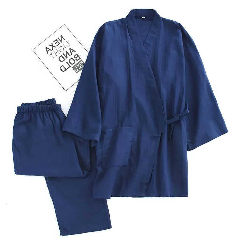 Cotton Mens Kimono Robes Pajamas Clothes Thin Spring and Autumn Black and Navy Colors Home Clothes Loose Casual Men Robe Sets S260924A8QO