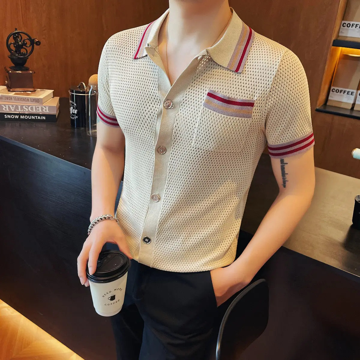 Summer Mens Collar Knitted Cardigan Men Fashion Short Sleeved Polo Shirtd Contrasting Color Slim Fit Casual Business Tshirt 260728
