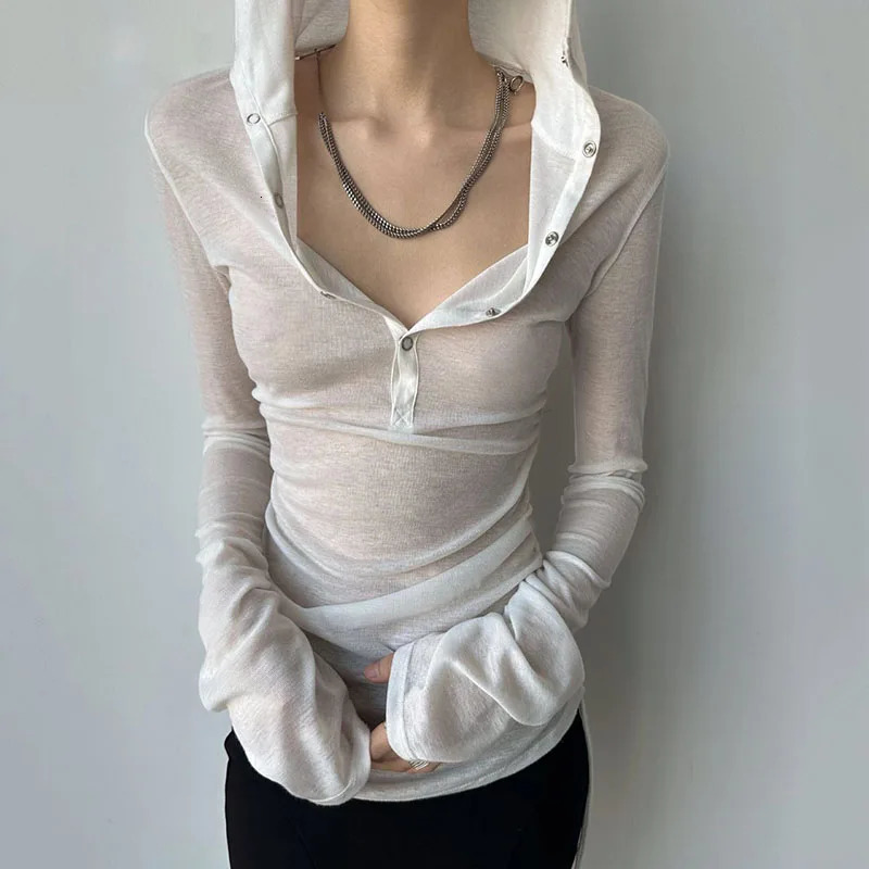 Summer Thin Womens Long Sleeve Top Streetwear Y2k Sexy See Through Hooded T-shirts Drawstring Slim Sun Protection White Tees 260728