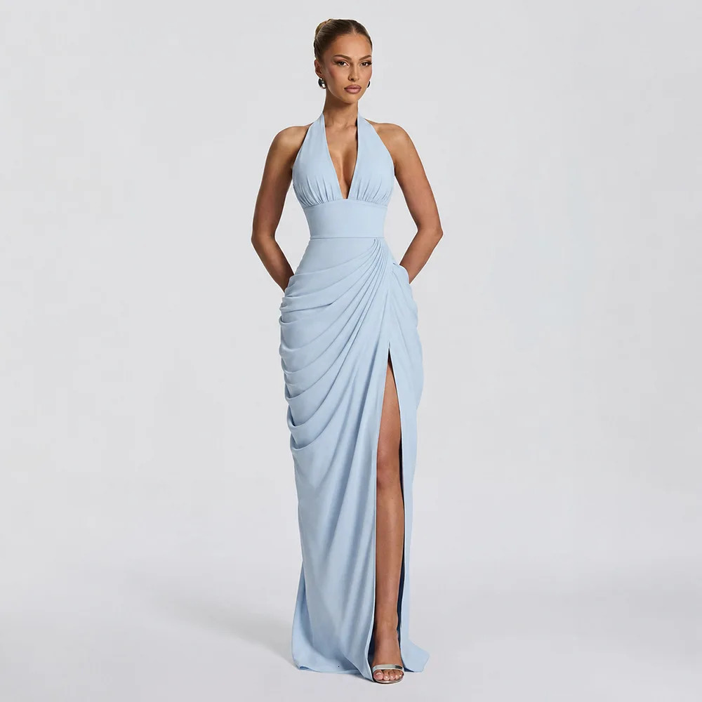 Sexy Women Solid Halter Maxi Dress Elegant Deep V Neck Sleeveless Ruched High Slit Dresses Evening Party Fashion Female Clothing 260728BJ