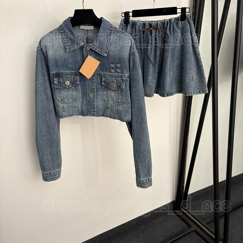 Ripped Letter Crop Denim Jacket for Women Designer Slim Fit Long Sleeve Coat Preppy Style Birthday Mini Skirt