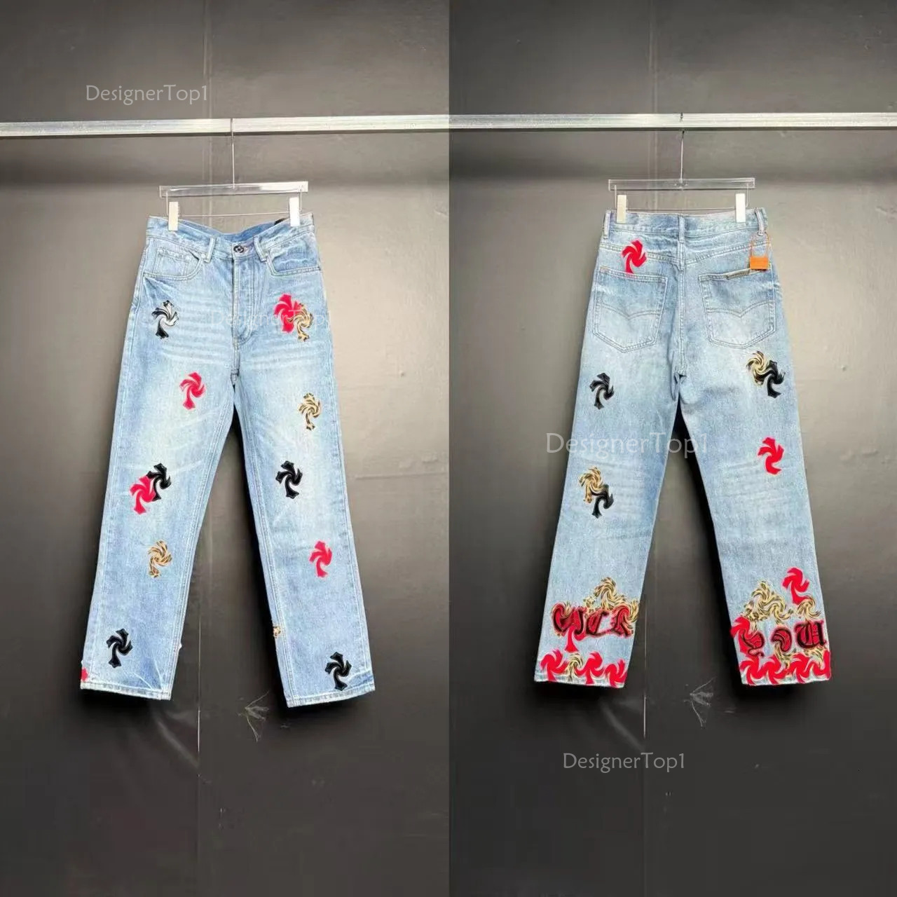 Chrome Gothic Style Unisex Streetwear Hip Hop Straight Skinny Denim Pants Mens Designer Trouser Embroidery Crosses Vintage Washed White Chome Jeans