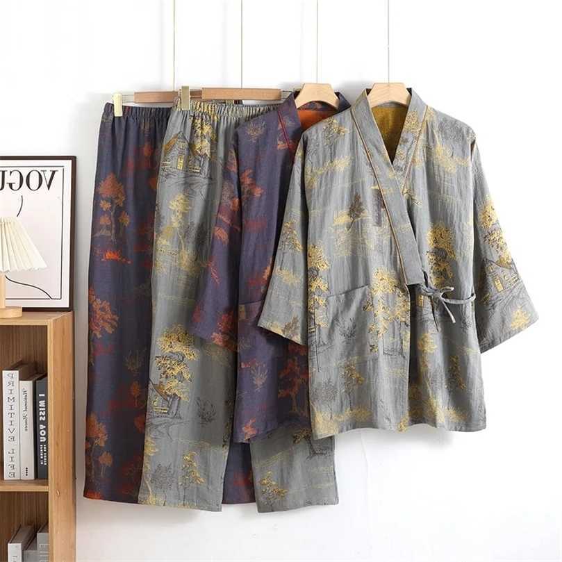 Spring Mens and Autumn Kimono Robes with Long Pants Pajamas Set Home Clothes Cotton Loose Pijama Masculino S260924HN93