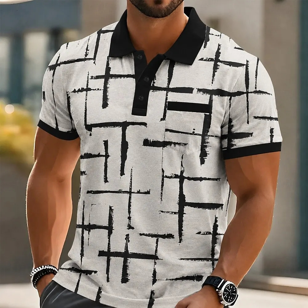 Mens White Black Brushstroke Cross Print Polo Shirt Casual Tops For Spring Summer Daily Streetwear Smart Occasions 260728