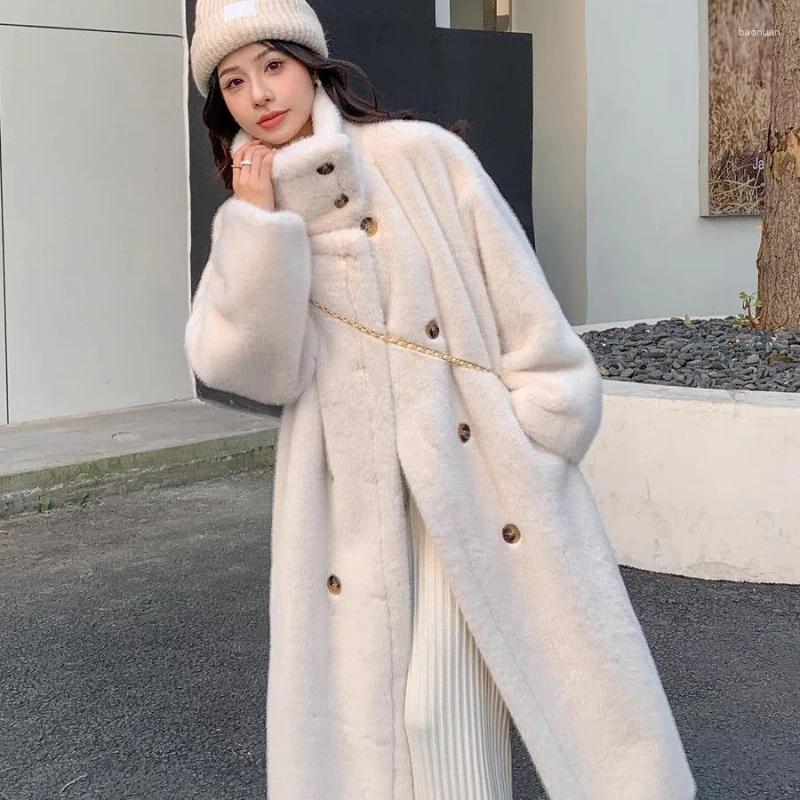 Women's Fur Chinese Style Vintage Lady Elegant Mink Coat X long Turtleneck Faux Outwear Luxury Female Double breasted Jacket 4e