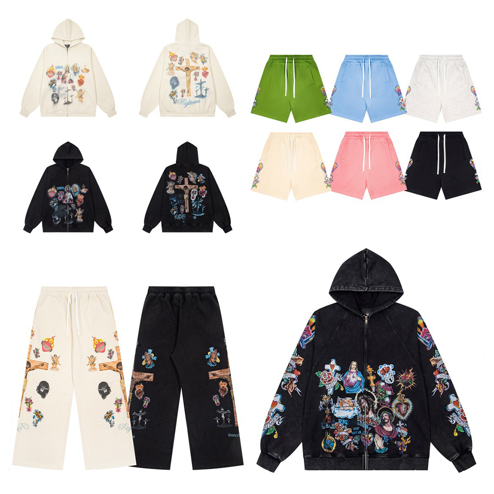 Designer Men's Righteous Hoodies Waffle Zip up Hoodie Baggy Sweatpants Tracksuit Retro Hip Hop Washed Jesus Sweatshirt Shorts Men