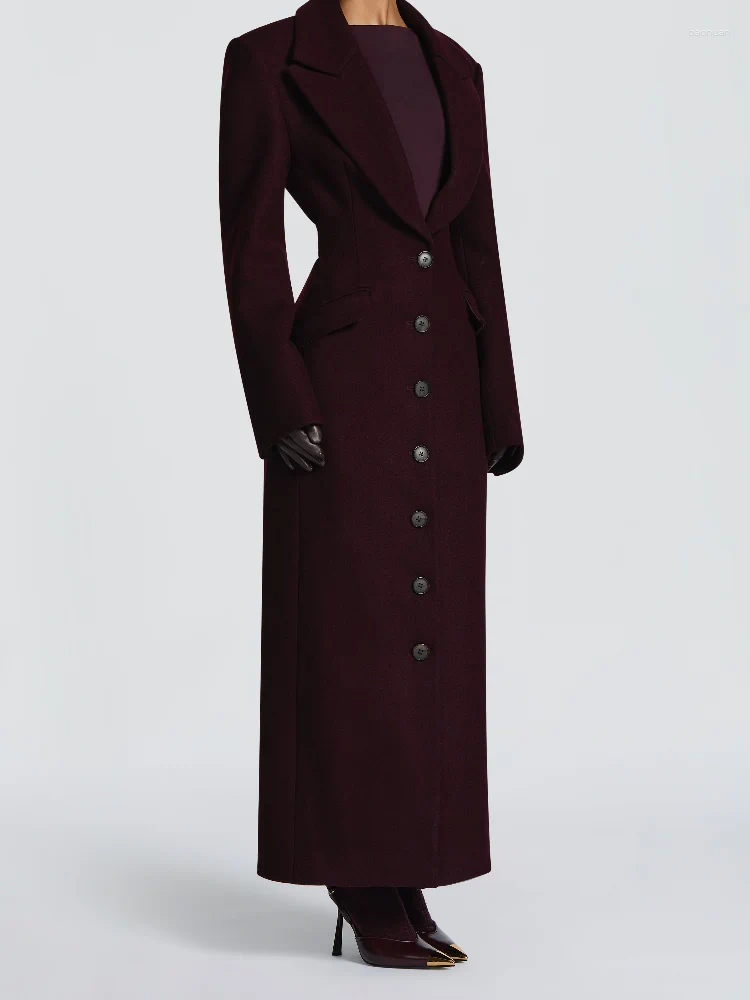 Women's Wool Long Coat Slim V Neck Single Breasted Overcoats Shoulder Pad Maxi Jackets With Belt 2026 Winter Lady Commute Outwear