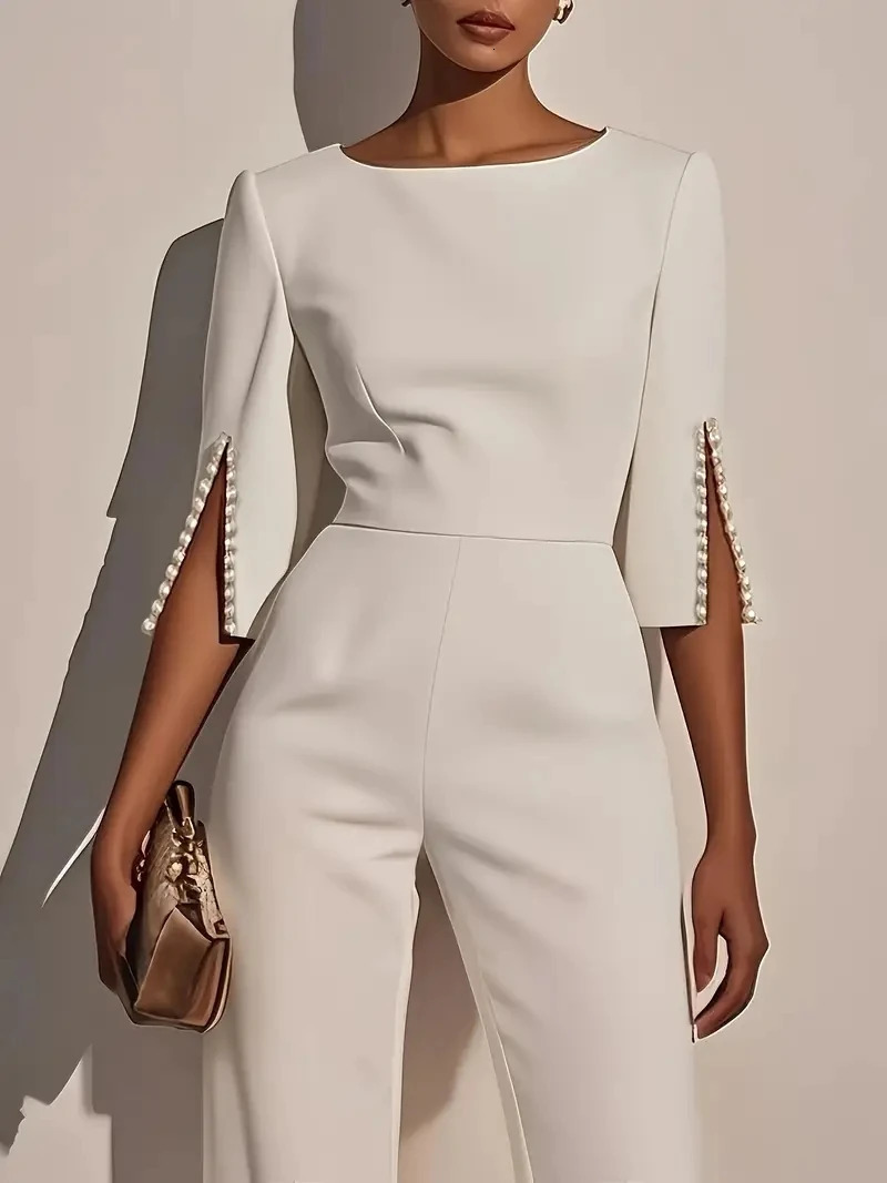 Womens Jumpsuit Casual Solid Color 34 Length Sleeve Straight Round Neck Beaded High Waist Daily Going out Regular Fit Black Wh 260727BJ