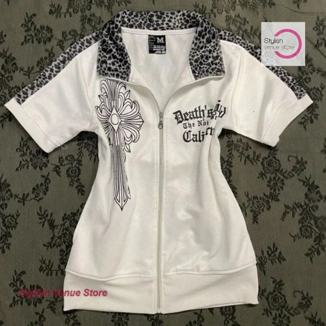 Japanese subculture y2k splicing leopard print cardigan coat short sleeve T-shirt womens summer vintage slim waist top 260728