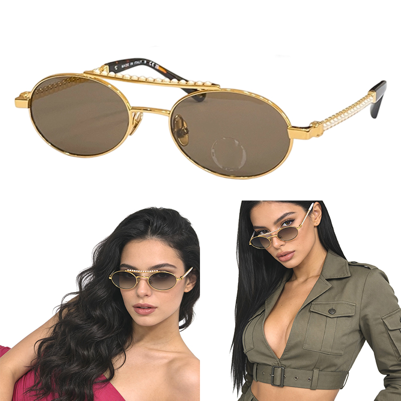 26SS Nouvelles femmes lunettes de soleil ovales 4297 Designer métal perle Double pont monture de lunettes mode fête lunettes de soleil marron dég