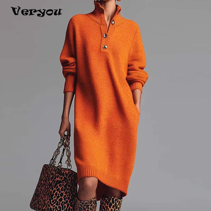 Fashion Knitted Dress Womens Autumn Winter Straight Midi Length Sweater Dresses For Women Casual Long Sleeve Office Dress 260728BJ