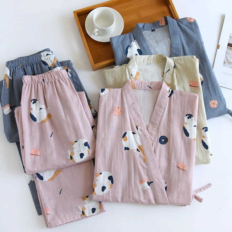 kimono Japanese-style two-piece couple pajamas cover men and women pure cotton gauze cute kitten thin home service plus size260129 S260924L4W4