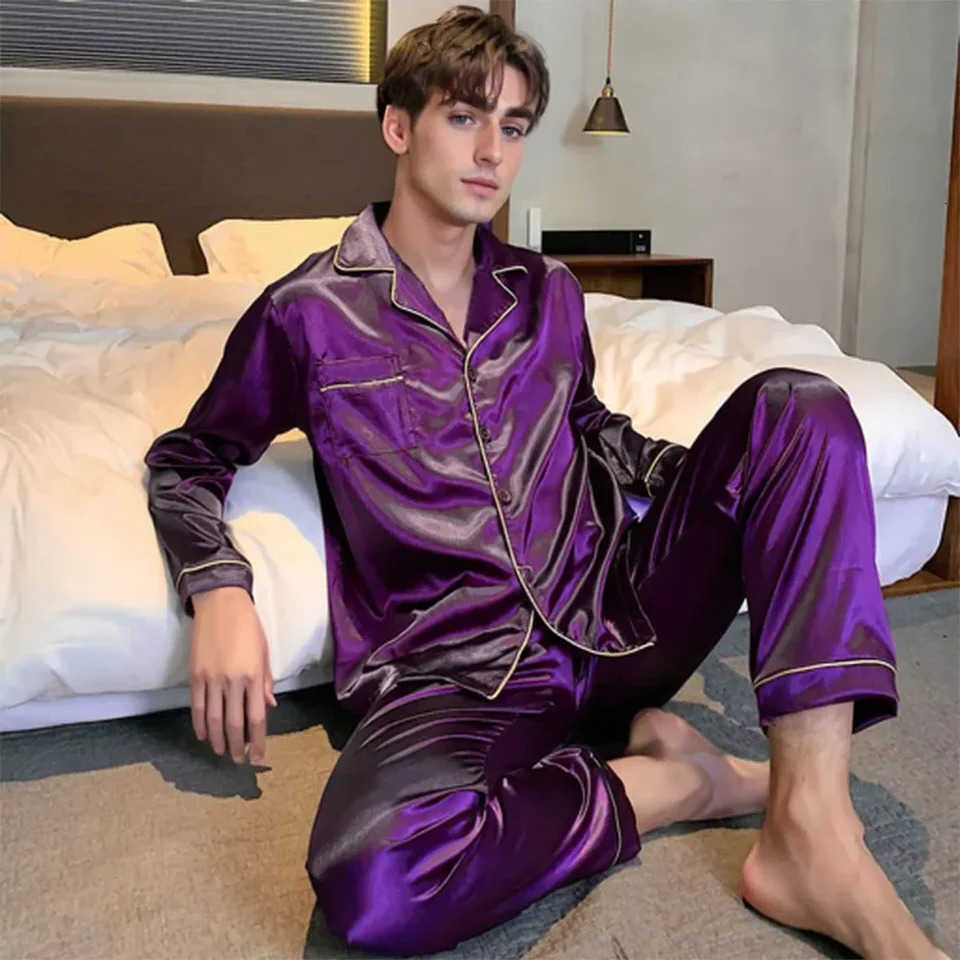 Satin Mens Pajama Set Button-Up Shirt and Long Pants Slpwear Acetate Silk Loungewear for Big and Tall S260924T0Y5
