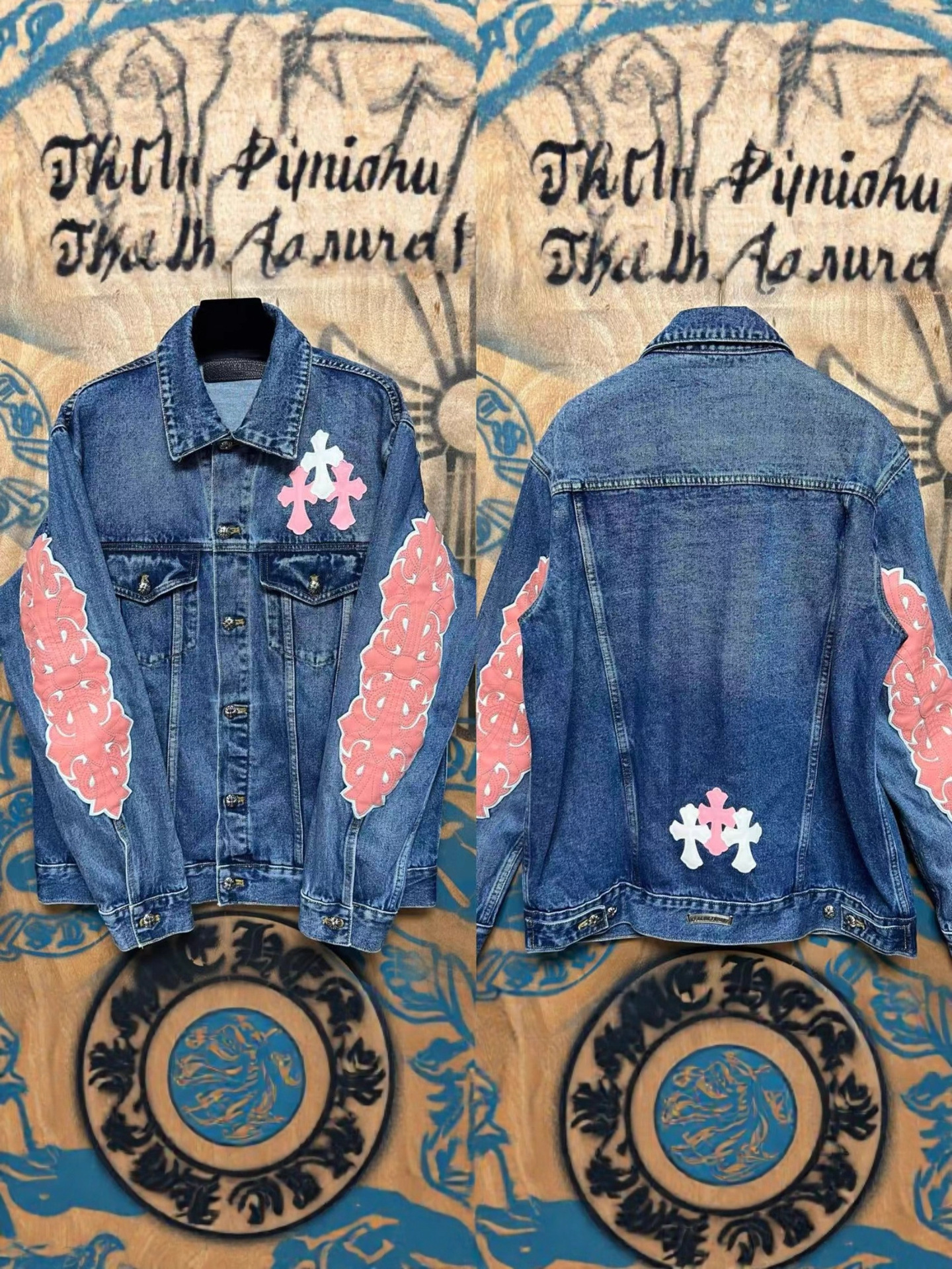 New autumn winter Designer pants American-style Hearts high street men's and women's cross-patterned leather-paneled loose denim jacket fo