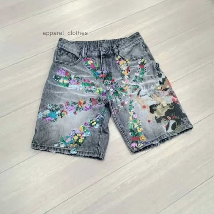Mens Shorts street hip-hop trendy floral print denim for men summer loose-fitting versatile mid-length shorts