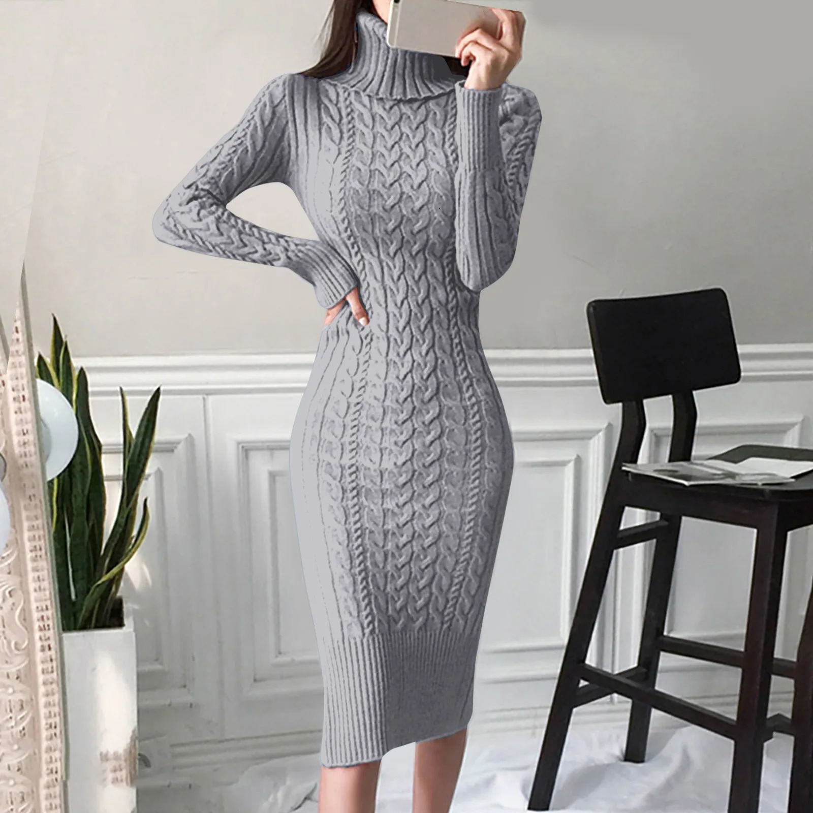 Autumn and Winter Womens Long Sleeve Turtleneck Sweater Dresses Warm Knitted Bodycon Pullovers Jumper Dresses Vestidos Largos 260728BJ