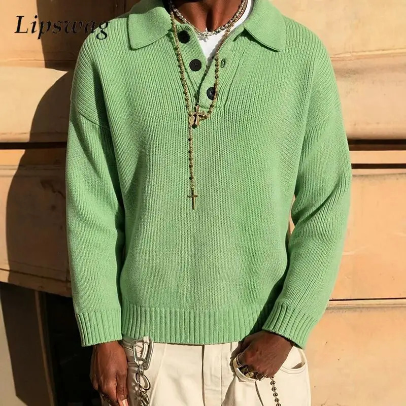 Fall Winter Mens Long Sleeve Jumpers Fashionable Solid Color Loose Knit Polo Sweater Retro Knitted Men Sweaters Pullovers 260728