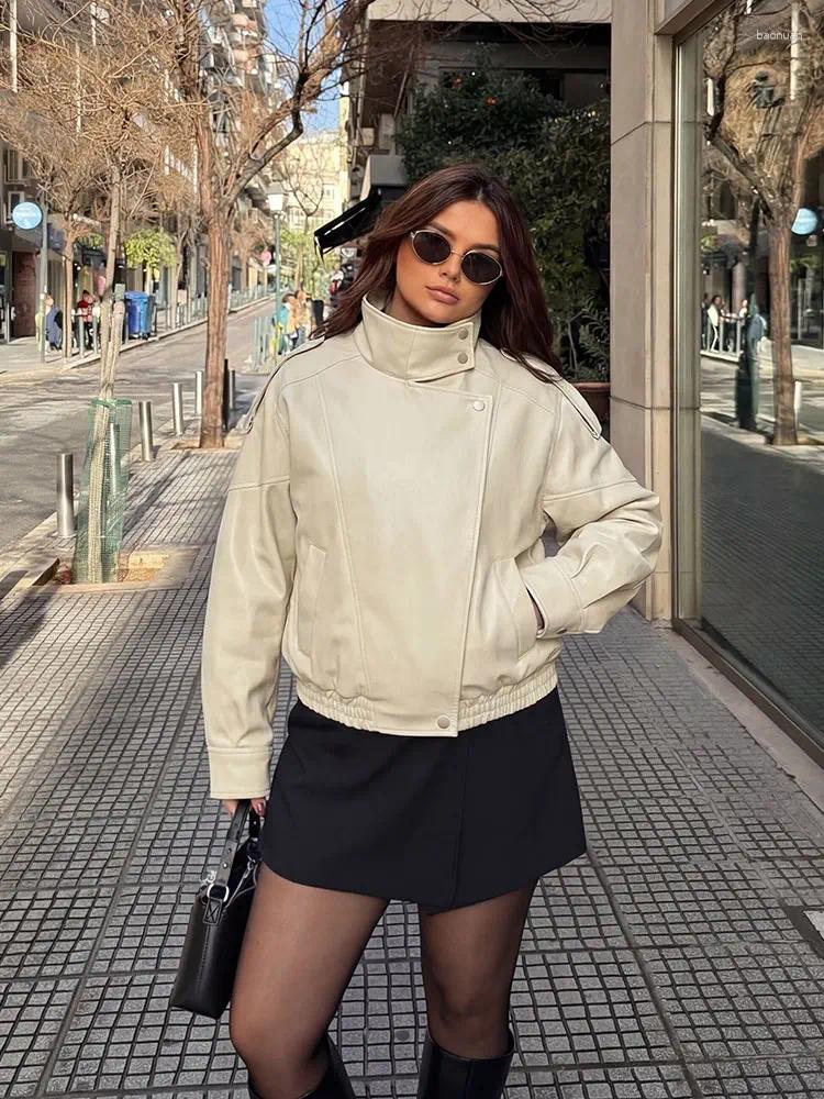 Women's Leather Faux Jacket Stand Collar Asymmetrical Zip Oversized Coat For Women Office Casual Daily Wear 1c
