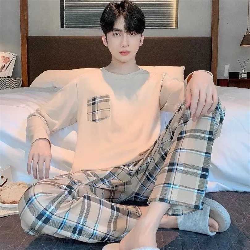 Size Plus Men Pajamas Set Spring and Summer Plaid Solid Color Youth Slpwear Homewear and Pants Nightwear S260924M2IG