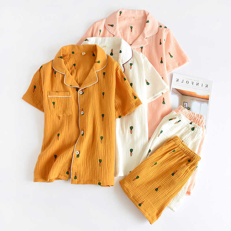 couple Summer cotton pajamas carrot style short slved shorts cotton yarn crepe fabric mens and womens home clothes S260924KN0U