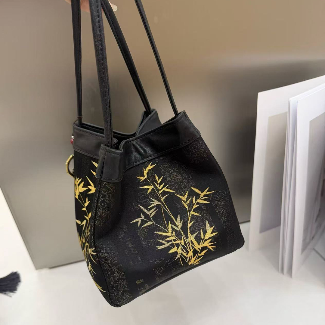 Mendy Song Brocade Tote Bag Women Gold Bamboo Print Vegetable Tanned Leather Vintage Luxury Designer Daily Commute Original New