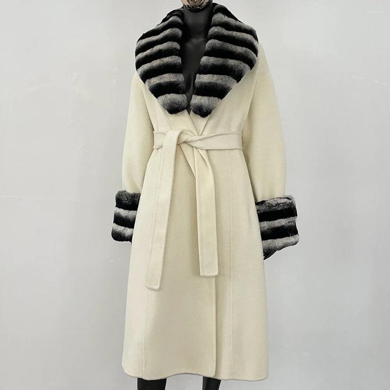 Women's Wool Elegant Long Jacket Women Real Rex Fur Cuffs Coat Female Blend Woolen Spring Autumn Collar 76