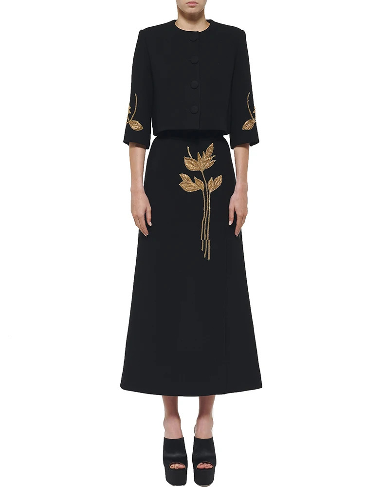 HIGH STREET est Fashion 2026 er Suit Set Womens 34 Sleeve Beaded Cropped Jacket Midi Skirt Suit 2pcs 260728BJ