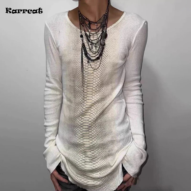 Karrcat Trashy Y2k Snakeskin Print T-shirt Grunge Aesthetics Long Sleeve Knitted Tops Vintage 2000s Streetwear American Retro 260728
