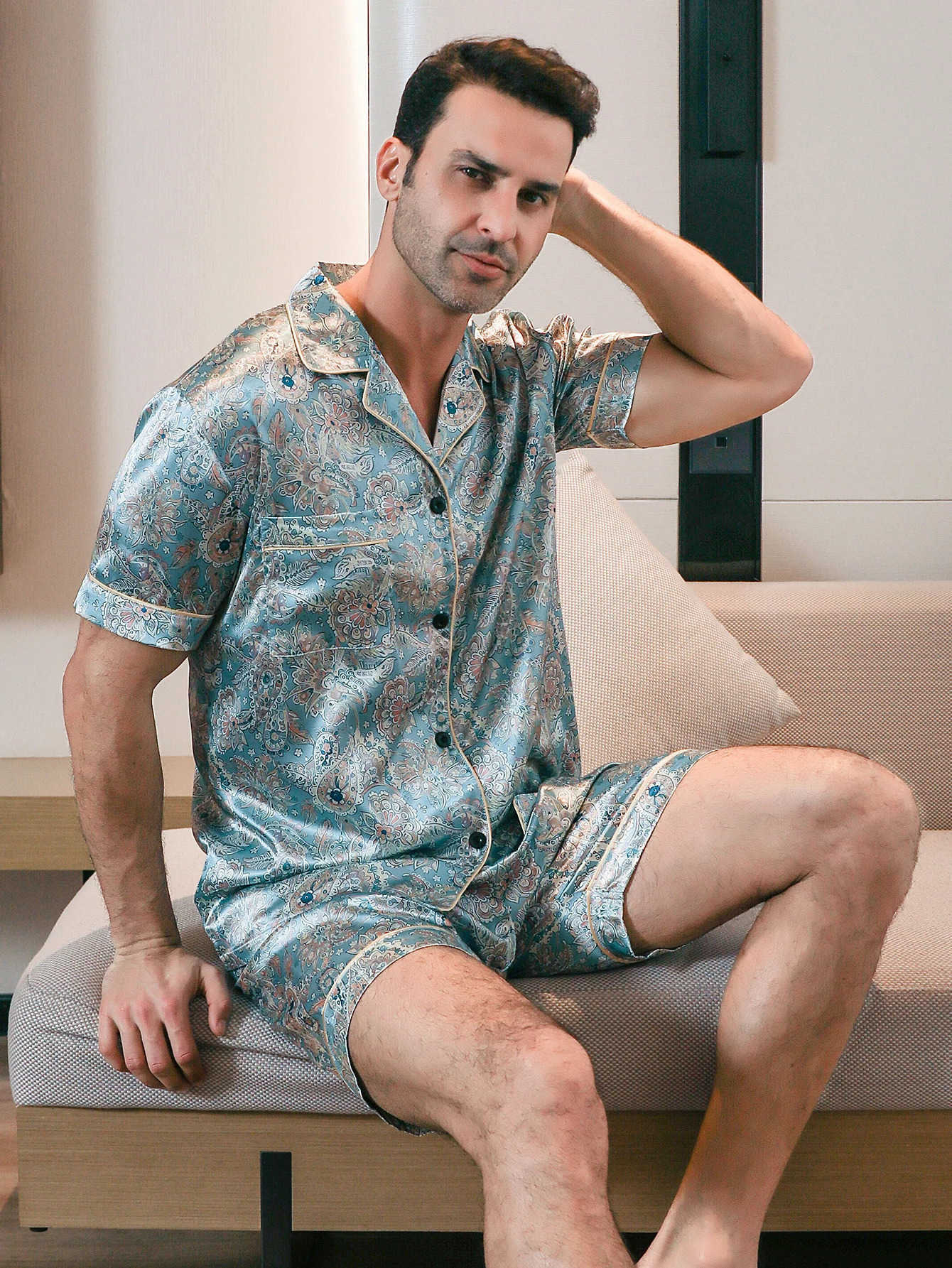 pezzo Due set per pigiama da uomo estivo pantaloncini corti a maniche lunghe con motivo floreale abbigliamento per la casa set slpwear 260525 S26092