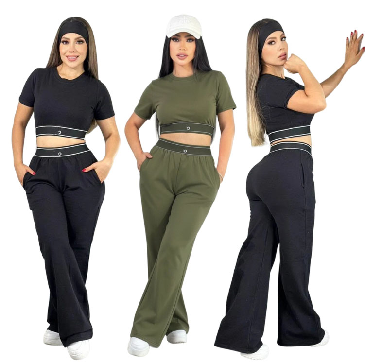 autumn Womens casual Tracksuits designer slim crop exposed short sleeve+ high waist wide leg long pants yoga sports two-piece set Outfits